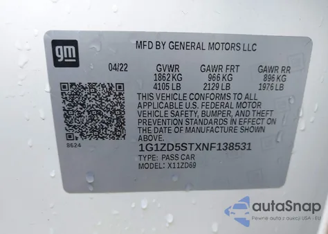 2022 Chevrolet Malibu Fwd Lt из США, поврежденный, VIN 1G1ZD5STXNF138531